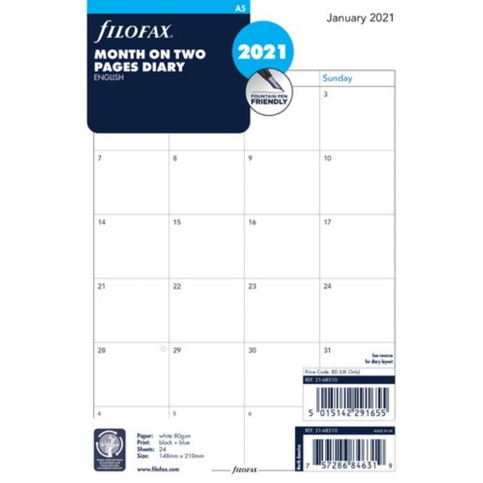 SPARE CALENDAR ENGLISH 2022 A5 MONTH ON 2 PAGES FILOFAX