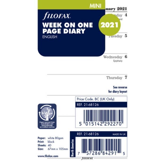 SPARE CALENDAR ENGLISH 2022 MINI WEEK ON 1 PAGE FILOFAX