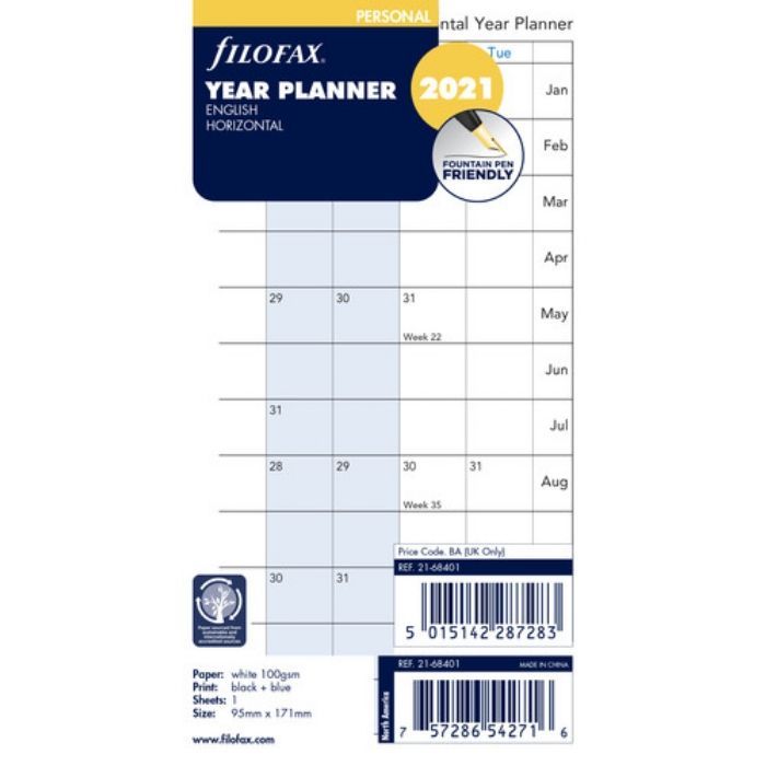 SPARE CALENDAR ENGLISH 2022 PERS HORIZONTAL YEAR PLANNER FILOFAX