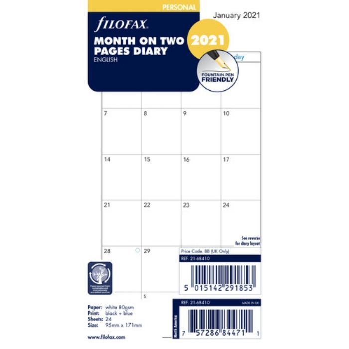 SPARE CALENDAR ENGLISH 2022 PERS MONTH ON 2 PAGES FILOFAX