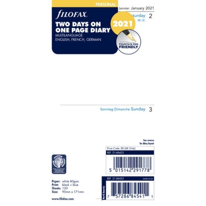 SPARE CALENDAR ENG/FRN/GER 2022 PERS 2 DAYS /PAGE FILOFAX